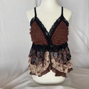 Y2K Lace Ruffle Babydoll Cami Top Fairy Grunge Boho Layered Sheer Tank